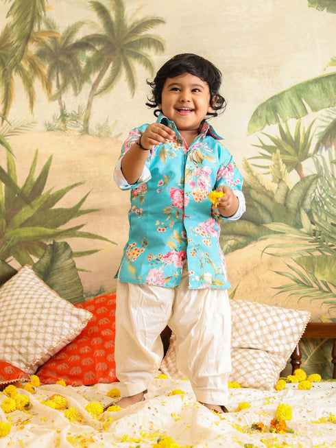 Vastramay SISHU Boy's Aqua Floral Printed Kurta Patiala Set