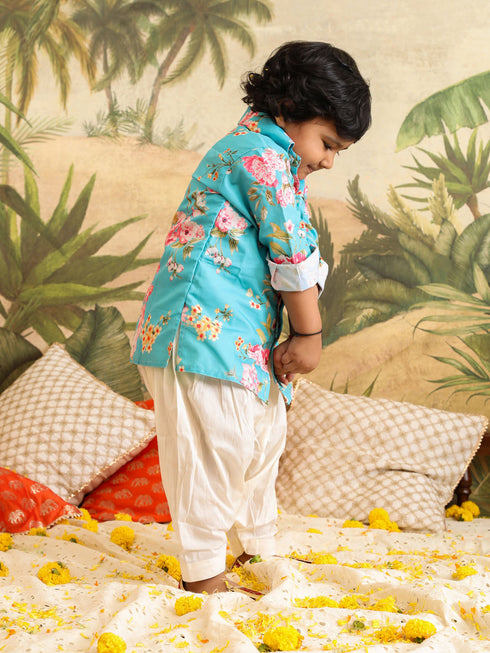 Vastramay SISHU Boy's Aqua Floral Printed Kurta Patiala Set