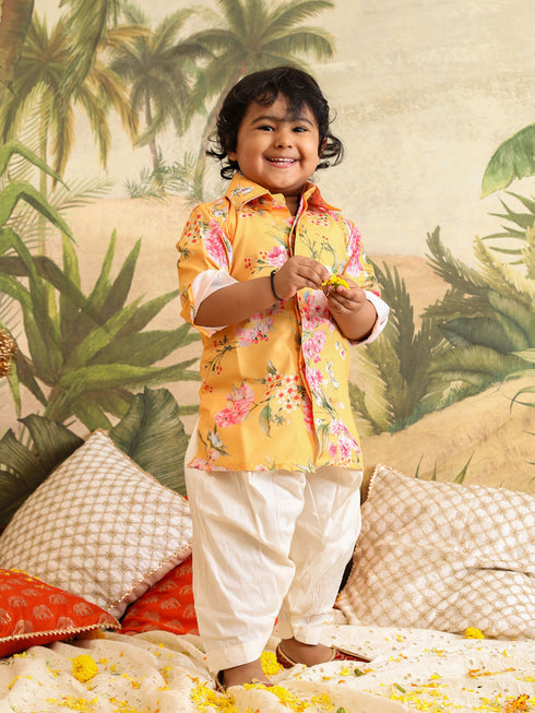 Vastramay SISHU Boy's Yellow Floral Printed Kurta Patiala Set