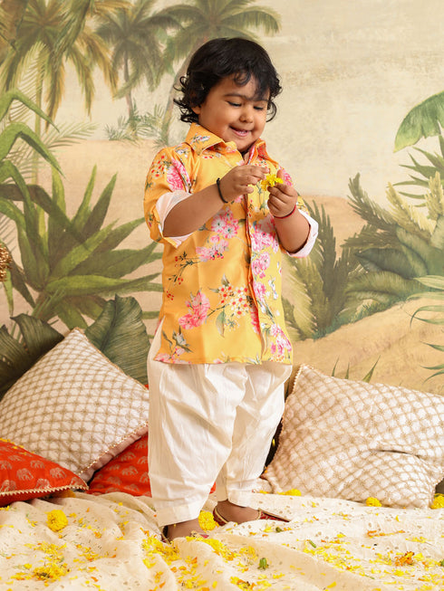 Vastramay SISHU Boy's Yellow Floral Printed Kurta Patiala Set