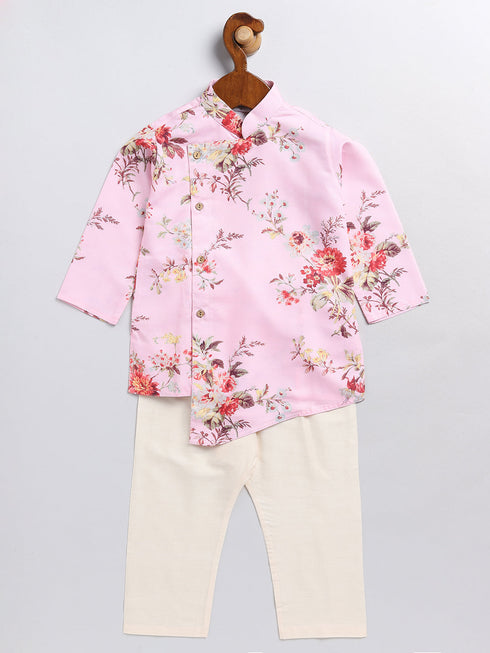 Vastramay SISHU Boy's Pink Floral Printed Angrakha Kurta Pyjama Set