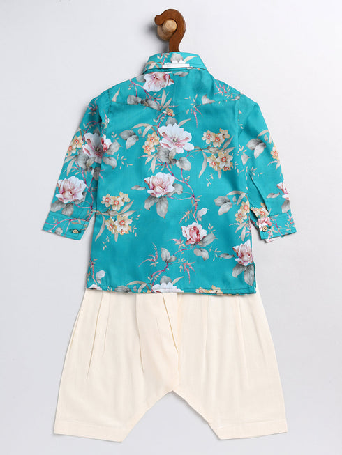 Vastramay SISHU Boy's Turquoise Blue Floral Printed Kurta Patiala Set