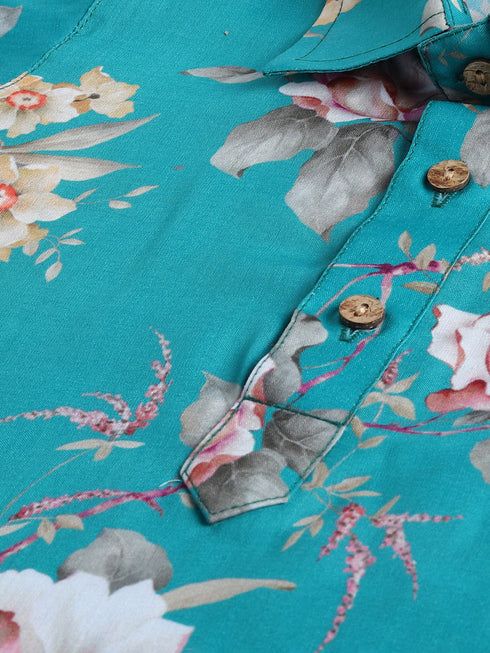 Vastramay SISHU Boy's Turquoise Blue Floral Printed Kurta Patiala Set