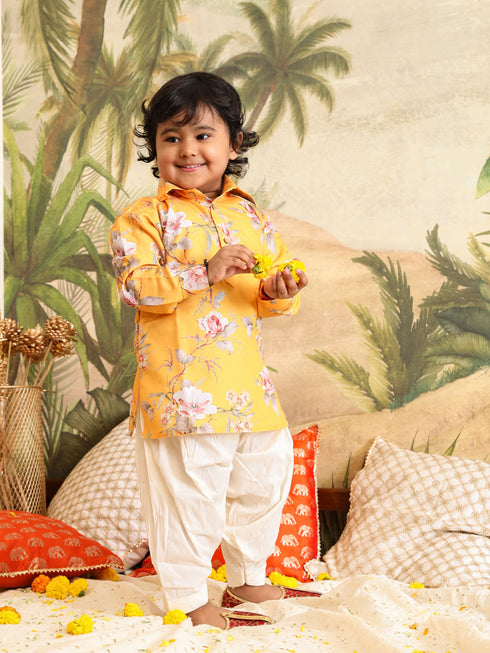 Vastramay SISHU Boy's Yellow Floral Printed Kurta Patiala Set