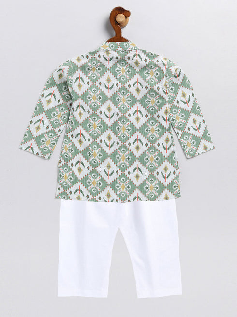 Vastramay SISHU Boy's Green and White Printed Cotton Kurta Pyjama Set