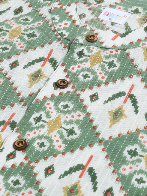Vastramay SISHU Boy's Green and White Printed Cotton Kurta Pyjama Set