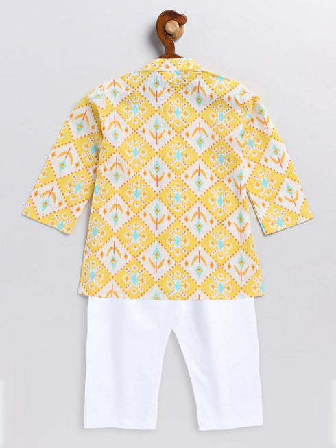 Vastramay SISHU Boy's Yellow and White Printed Cotton Kurta Pyjama Set