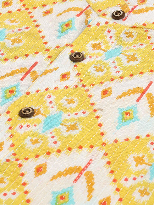 Vastramay SISHU Boy's Yellow and White Printed Cotton Kurta Pyjama Set