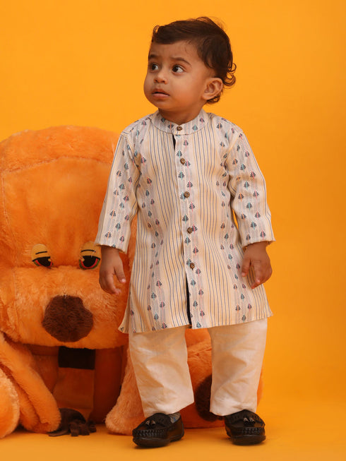 Vastramay SISHU Boy's White Woven Design Cotton Kurta Pyjama Set