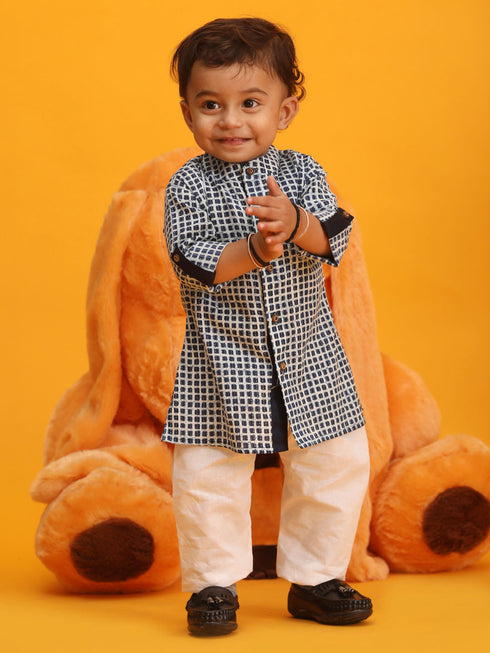 Vastramay SISHU Boy's Blue and White Printed Cotton Kurta Pyjama Set