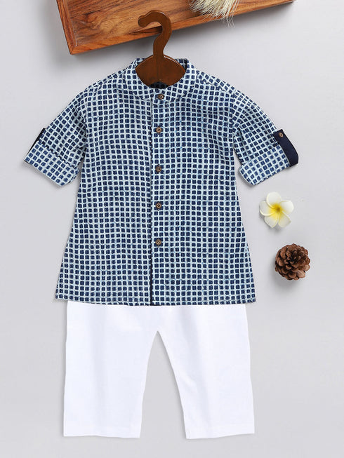 Vastramay SISHU Boy's Blue and White Printed Cotton Kurta Pyjama Set