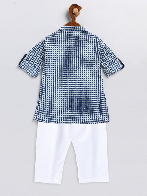 Vastramay SISHU Boy's Blue and White Printed Cotton Kurta Pyjama Set