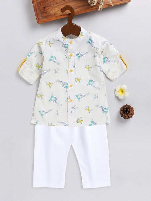 Vastramay SISHU Boy's White Printed Cotton Kurta Pyjama Set