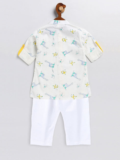 Vastramay SISHU Boy's White Printed Cotton Kurta Pyjama Set