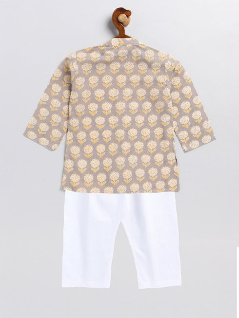 Vastramay SISHU Boy's Gray Floral Printed Cotton Kurta Pyjama Set