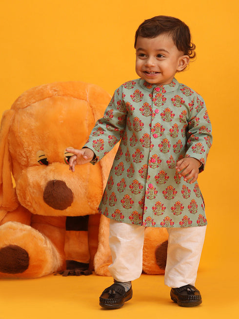 Vastramay SISHU Boy's Green Floral Printed Cotton Kurta Pyjama Set