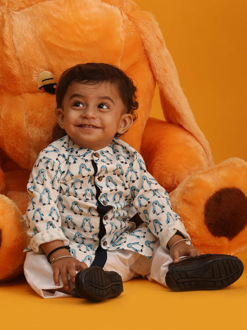 Vastramay SISHU Boy's White and Blue Penguin Printed Cotton Kurta Pyjama Set