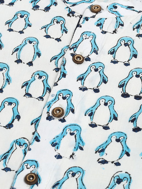 Vastramay SISHU Boy's White and Blue Penguin Printed Cotton Kurta Pyjama Set