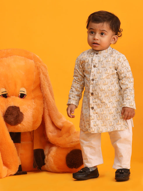 Vastramay SISHU Boy's Beige Panda Printed Cotton Kurta Pyjama Set