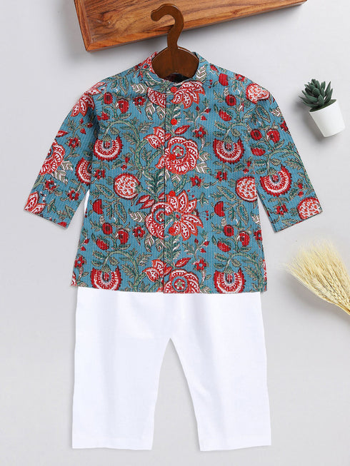 Vastramay SISHU Boy's Green Kalamkari Floral Printed Cotton Kurta Pyjama Set