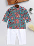 Vastramay SISHU Boy's Green Kalamkari Floral Printed Cotton Kurta Pyjama Set