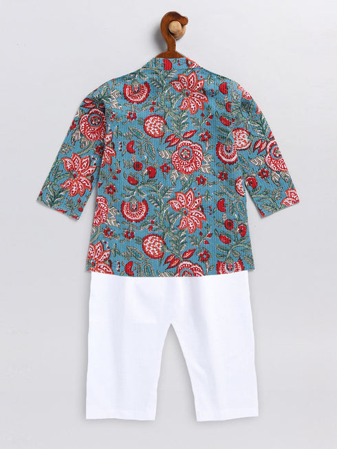 Vastramay SISHU Boy's Green Kalamkari Floral Printed Cotton Kurta Pyjama Set