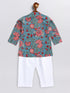 Vastramay SISHU Boy's Green Kalamkari Floral Printed Cotton Kurta Pyjama Set
