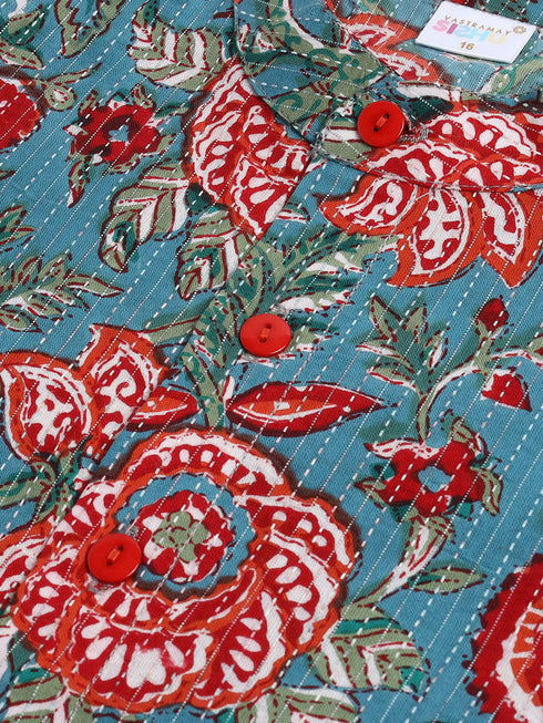 Vastramay SISHU Boy's Green Kalamkari Floral Printed Cotton Kurta Pyjama Set