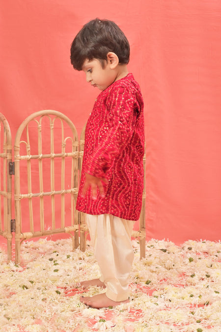 VASTRAMAY SISHU Boys' Red Bandhni Kurta And Patiala Set