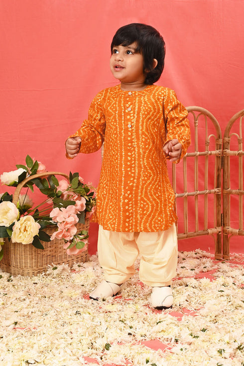 VASTRAMAY SISHU Boys' Yellow Bandhni Kurta And Patiala Set