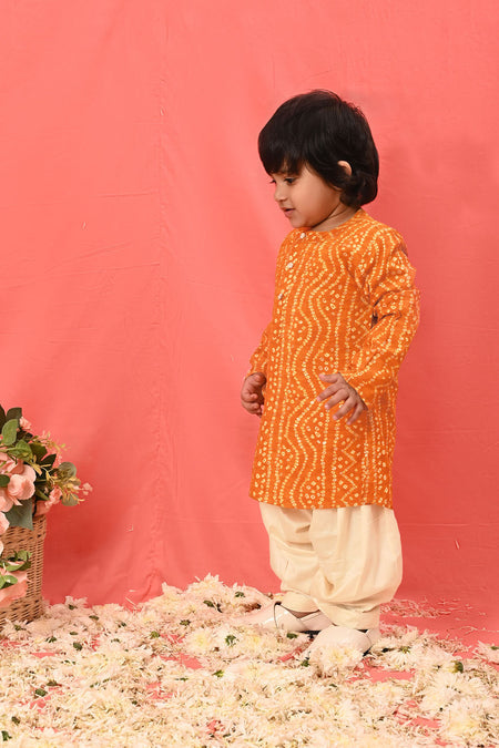 VASTRAMAY SISHU Boys' Yellow Bandhni Kurta And Patiala Set