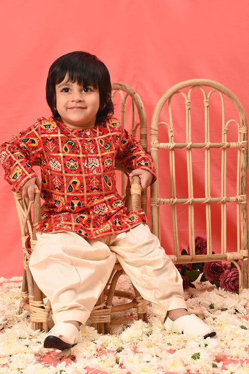 VASTRAMAY SISHU Boys' Red Patola Print Festive Kurta Pyjama Set