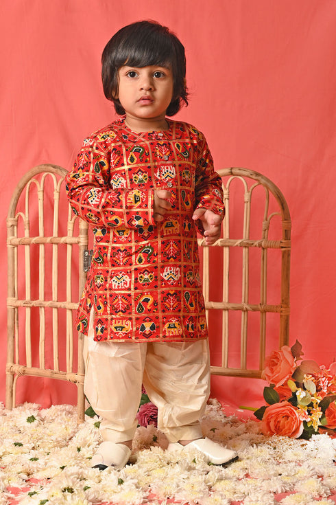 VASTRAMAY SISHU Boys' Red Patola Print Festive Kurta Pyjama Set