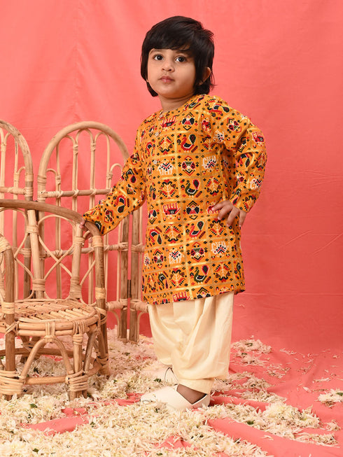 Vastramay SISHU Boy's Yellow Patola Print Festive Kurta Pyjama Set