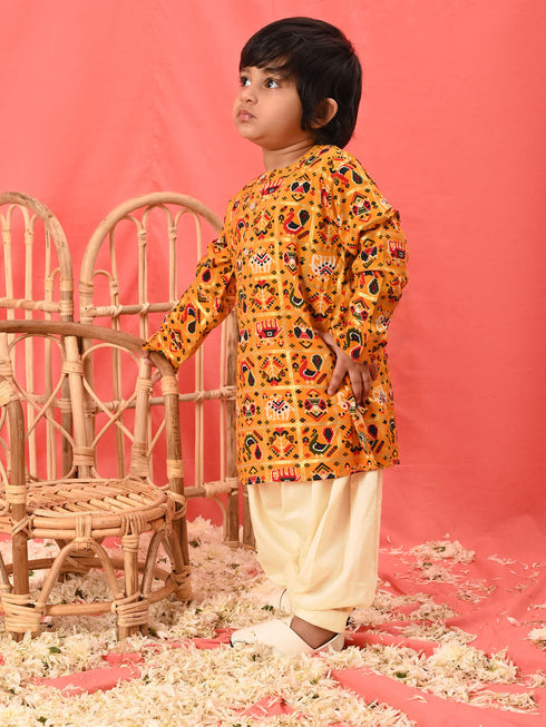 Vastramay SISHU Boy's Yellow Patola Print Festive Kurta Pyjama Set