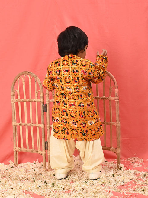 Vastramay SISHU Boy's Yellow Patola Print Festive Kurta Pyjama Set