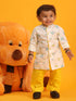 Vastramay SISHU Boy's White and Yellow Animals Printed Cotton Kurta Pyjama Set