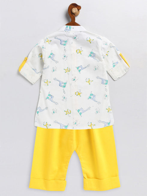 Vastramay SISHU Boy's White and Yellow Animals Printed Cotton Kurta Pyjama Set