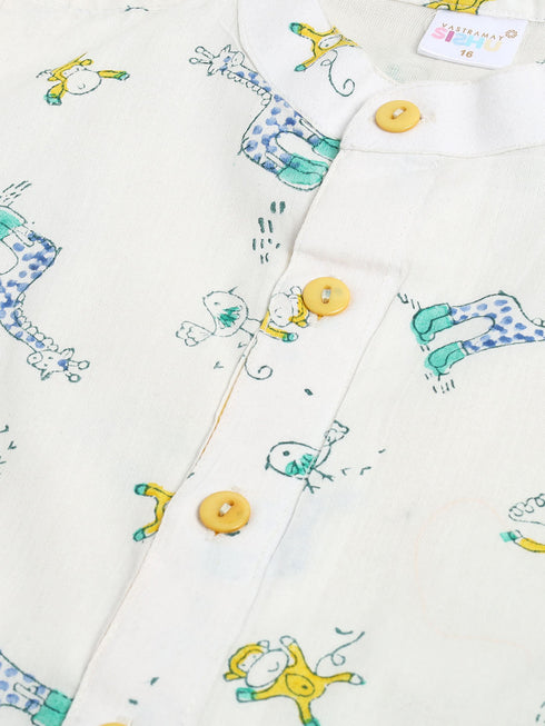 Vastramay SISHU Boy's White and Yellow Animals Printed Cotton Kurta Pyjama Set