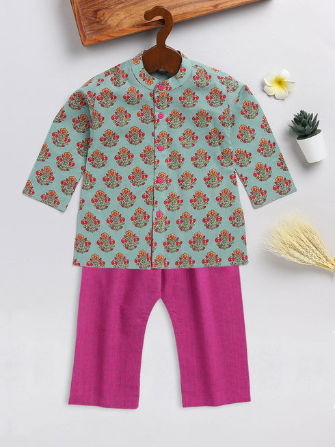 Vastramay SISHU Boy's Green and Magenta Floral Printed Cotton Kurta Pyjama Set