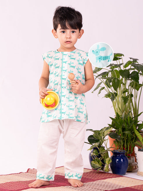 Vastramay Infant Boy's Aqua Cotton Kurta Pyjama Set