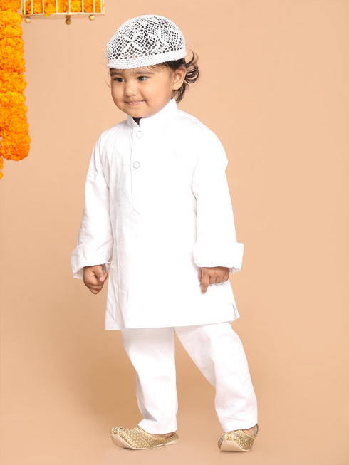 Vastramay SISHU Boy's White Kurta And Pyjamas With Cap
