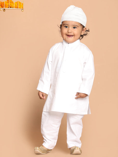 Vastramay SISHU Boy's White Pure Cotton Kurta And Pyjama With Prayer Cap