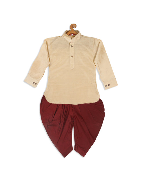 Vastramay SISHU Boy's Gold Kurta And Maroon Cowl Dhoti Set
