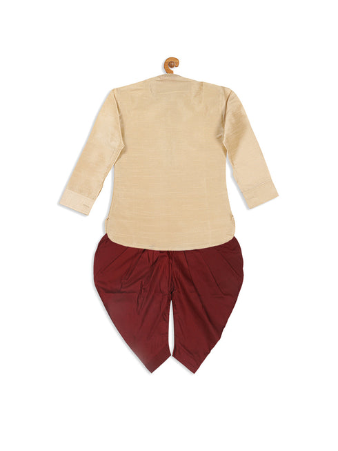 Vastramay SISHU Boy's Gold Kurta And Maroon Cowl Dhoti Set