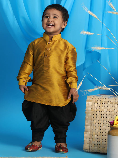 Vastramay SISHU Boy's Mustard Kurta And Black Cowl Dhoti Set