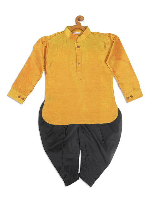 Vastramay SISHU Boy's Mustard Kurta And Black Cowl Dhoti Set