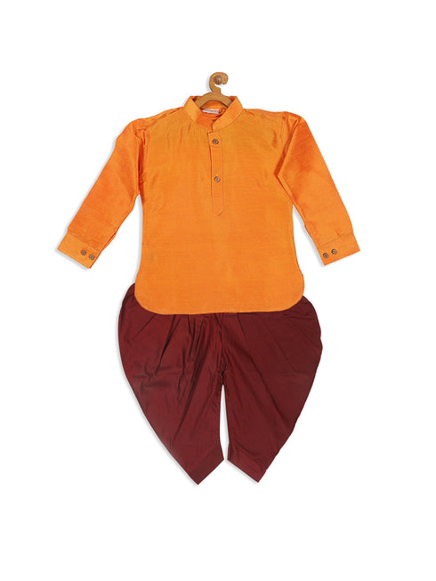 Vastramay SISHU Boy's Orange Kurta And Maroon Dhoti Set
