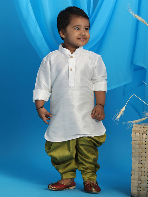Vastramay SISHU Boy's White & Light Green Kurta With Dhoti Pant Set