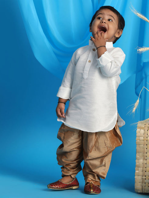 Vastramay SISHU Boy's White & Rose Gold Kurta With Dhoti Pant Set